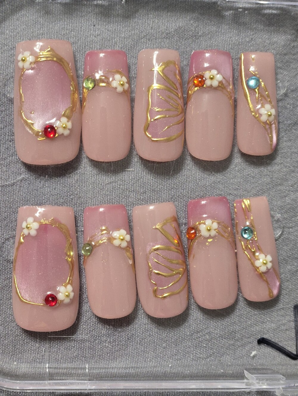 Nude Pink Floral Rhinestone Press-On Nails, Square Medium Length